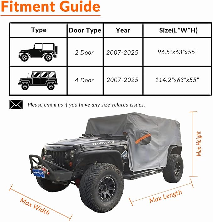 Cab Cover for Jeep Wrangler JK JL 4 Door 2007-2026, Waterproof Wrangler Rain Cover with Driver Door Zipper Soft Inner Liner All Weather Snow Rain UV Protection