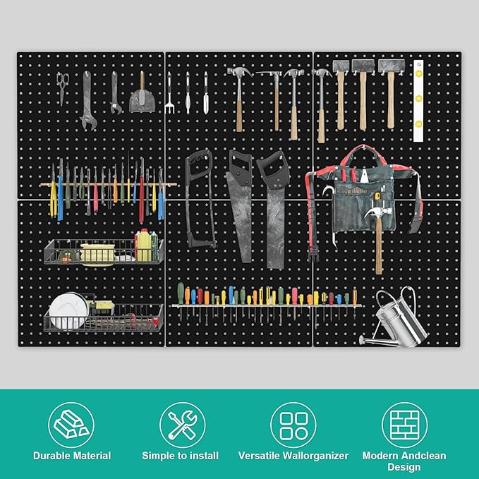 Pegboard, 4 PCS 16”×16” Large Heavy Duty Metal Pegboard Panels with Frame Black Peg Board Display Peg Boards for Walls, Display, Garage Tool Storage, Office Organization, Craft Room, Kitchen