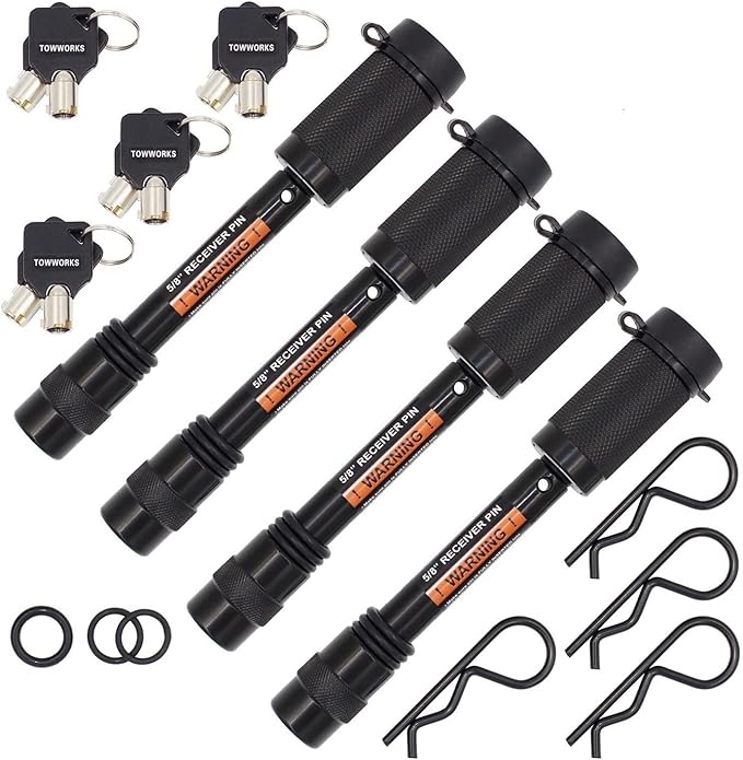 TowWorks 79634 Keyed Alike 5/8" Trailer Hitch Lock Set with Extra Long 3-1/4" Span, Double Safety Tow Hitch Receiver Locking Pin for Class III IV Hitches with 2" and 2.5" Receivers, 4-Pack