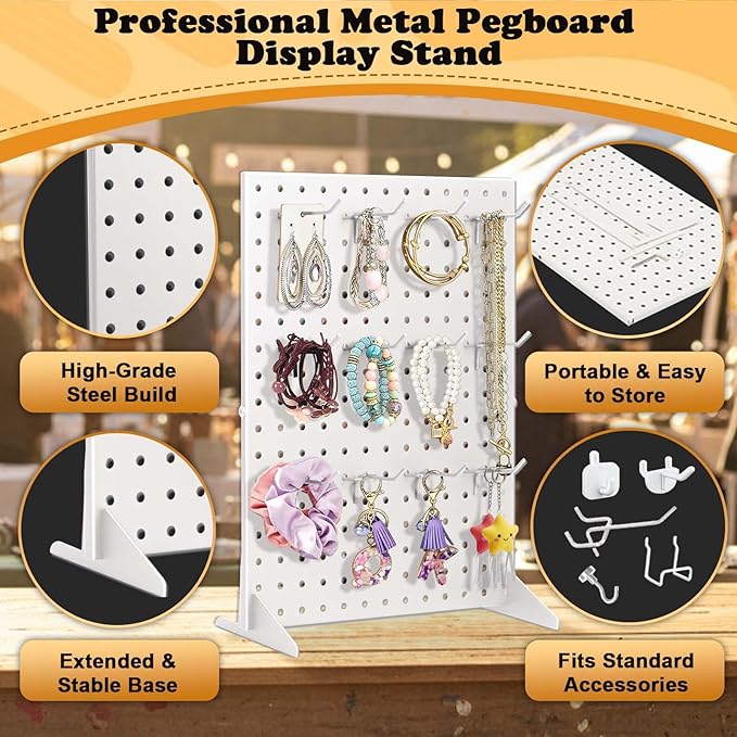 4 Pack Peg Board Display Stand for Vendors with 48 Hooks Metal Tabletop Pegboard Display Stand for Craft Shows 17" X 13" Retail Display Racks For Jewelry Earring Keychain PegBoard Organizer White