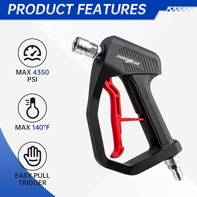 4350 PSI Short Pressure Washer Gun, 1/4” Quick Connector High Pressure Washer Gun with 3/8" Male Plug and M22-14 Fitting, Power Washer Gun Compatible with Foam Cannon, Car Wash Foam Gun