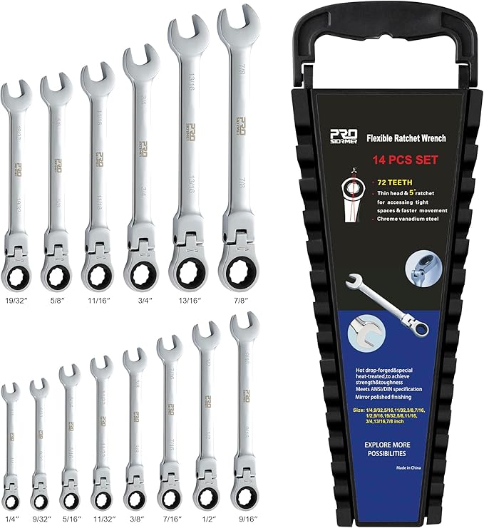 Prostormer Flex Head Ratcheting Wrench Set, SAE 1/4"-7/8",14-Piece Chrome Vanadium Steel Combination Wrench Set with Rack