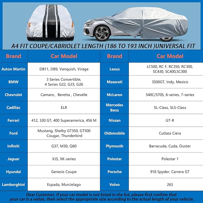 10-Layer Car Cover Waterproof All Weather for Automobiles, Outdoor Full Cover Snow Sun UV Protection Custom Fit Ford Mustang, Chevy Camaro XK,BMW 3 Series, A4 Length 186-193 inch