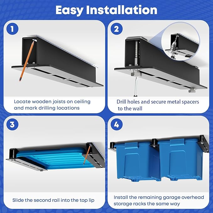 WooFog Overhead Garage Storage Rack, Garage Ceiling Storage Racks, Heavy Duty Storage Bin Ceiling Rails for 27 Gallon Totes，Tote Storage Rack System -Black (3 Sets for 2 Bins)