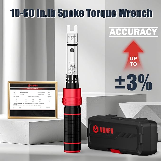 VANPO Spoke Torque Wrench 10–60 in-lb, 1/4" Drive Small Torque Wrench Kit with 9 Spoke Wrench Heads (5.1-6.9mm) & Spline, Motorcycle Spoke Wrench for Mountain, Road Bike & Motorcycle Wheel Maintenance