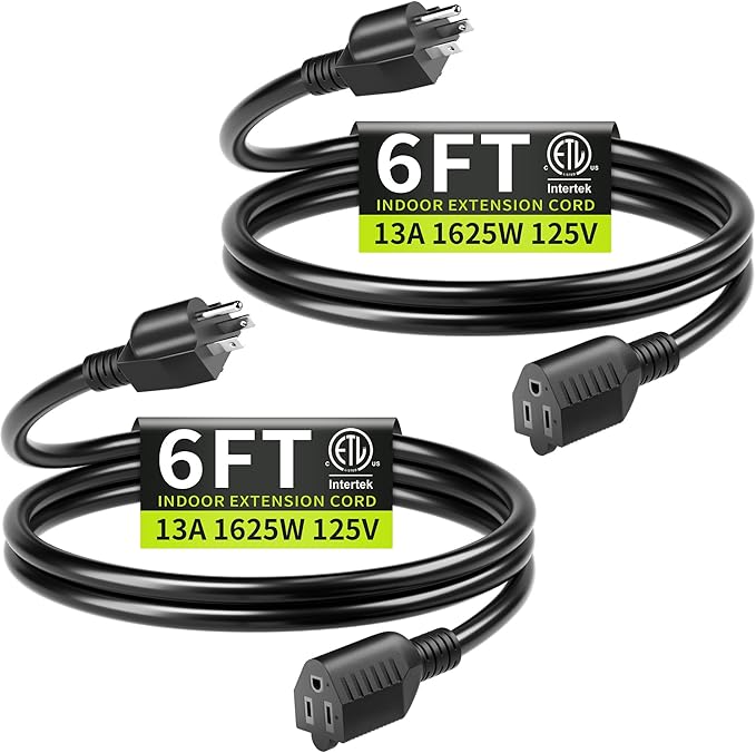 16/3 Black Extension Cord 6 FT (2Pack) Indoor, Short Extension Cord for Laptops, Coffee Makers, Office Home Appliances, 3 Prong Small Resistant Cable Flexible, 13A 125V 1625W ETL Listed