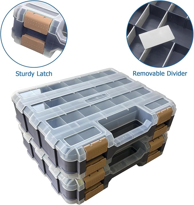 Double Side Tool Box Organizer, Hardware Storage Box, Portable Small Parts Organizer with Removable Plastic Dividers for Screws, Nuts, Nails, Bolts, Grey