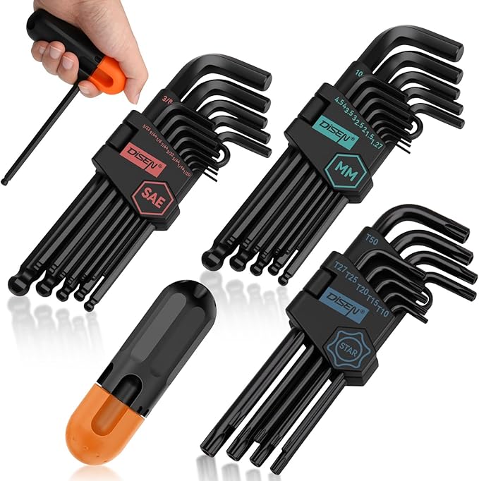 DISEN 36PC Allen Wrench Set, SAE & Metric Hex Key Set Torx Star Key Set, Long Arm Ball Head Design with T-Handle, Heat Treated Chrome Vanadium Steel