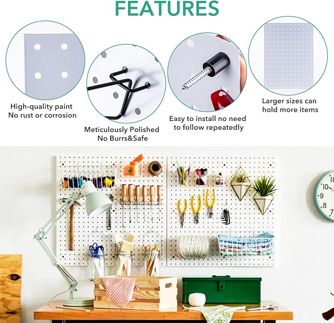 2 Pcs Pegboard, Metal Pegboard Wall Panels - Pegboard Wall Organizer System - Peg Boards for Walls, Small Peg Board Tool Storage, White Pegboard for Garage, Craft Room, Workbench, Kitchen, Office