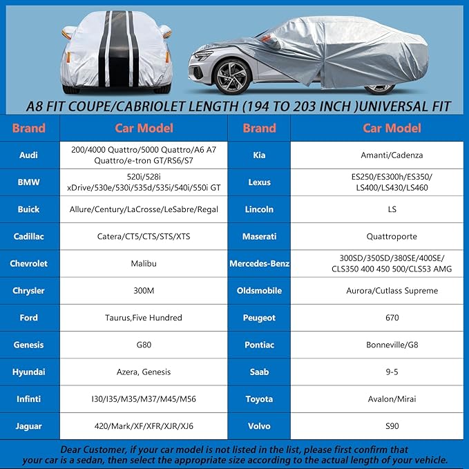 10-Layer Car Cover Waterproof All Weather. Outdoor Full Exterior Covers for Lexus ES, Cadillac CT5, CTS, Audi A6, Genesis G80, BMW 520i Etc. Size A8 (Length 194 to 203 inch)