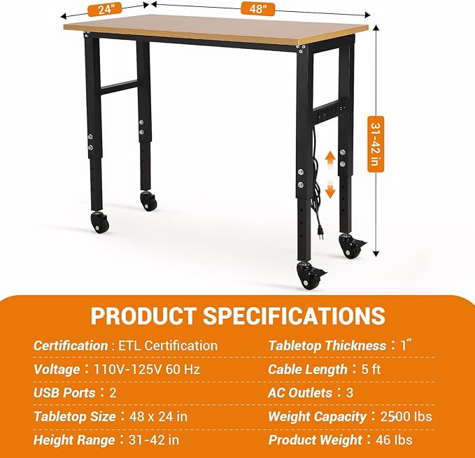 48" Adjustable Workbench with Power Outlet & Wheels, Heavy-Duty 48 x 24 in Work Bench, 2500 lbs Load Capacity for Garage, Workshop & Home
