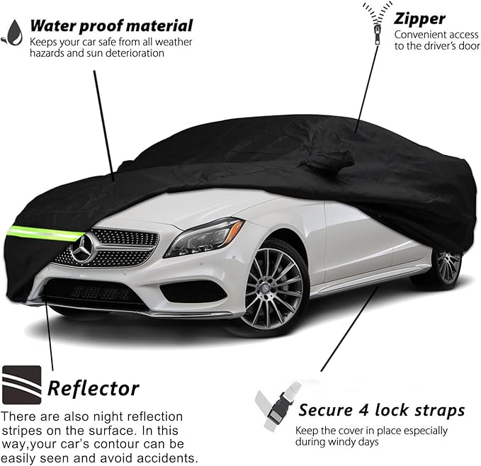 YIXIN Waterproof Car Cover for 2008-2026 Mercedes Benz C Class C250 C300 C350 C400 C450 C63 AMG Sedan 190T Covers Custom Fit 100% Waterproof Windproof Strap & Double Door Zipper Up to 190” L, Black