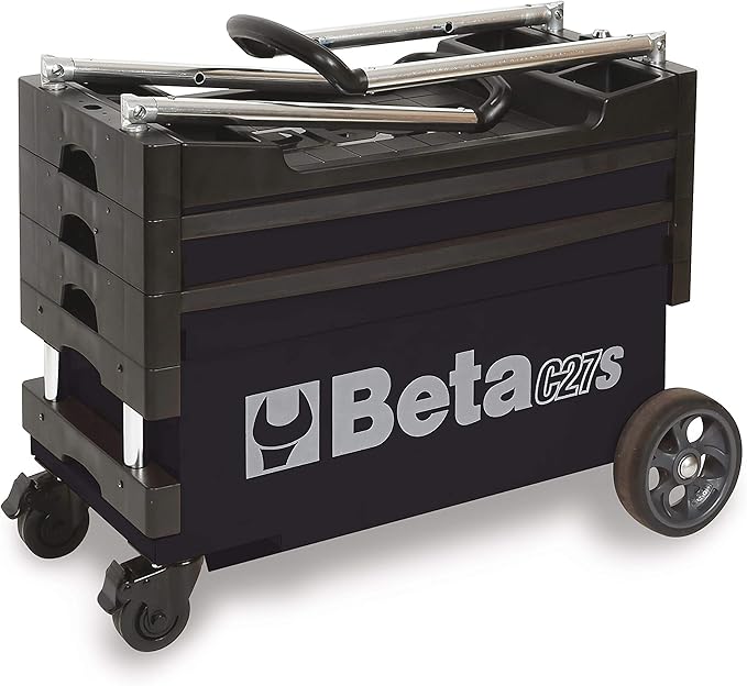 Beta C27S Collapsible Rolling Tool Cart | Heavy-Duty Mobile Metal Tool Trolley with Locking Drawers, 4” Steering Wheels, Brake System | Thermoplastic Worktop | Black