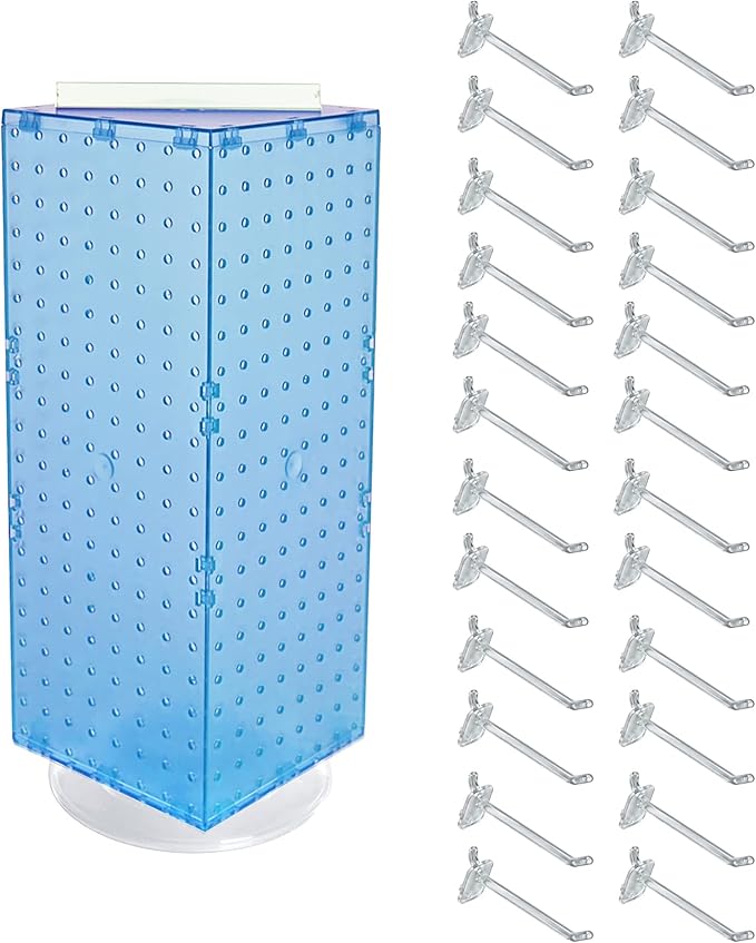 Azar Displays 703385-BLU-4C24, Four-Sided Revolving 8" W x 20" H Pegboard Counter Display w/ 24 Hooks- 4” Length, Blue