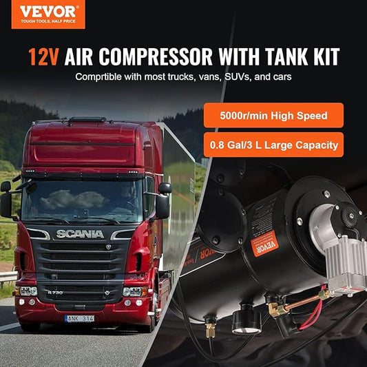 VEVOR 12V Air Compressor with Tank 0.8 Gallon/3 L, Train Horn Air Compressor, 120 psi Working Pressure Onboard Air Compressor System for Train Air Horns, Inflating Tires, Air Mattresses