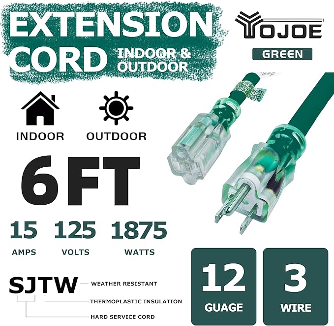 YOJOE Indoor Outdoor Extension Cord with Lighted End, 3 Prong 15A Weatherproof Power Cord, 12 Gauge Heavy Duty 6 ft Green Extension Cord for Garage, Garden and Home, 12/3 SJTW UL Listed