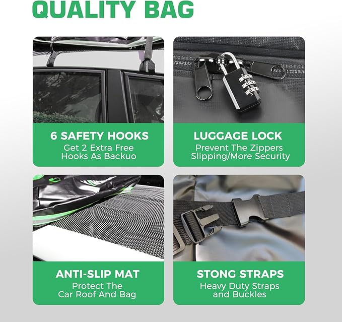 Car Rooftop Cargo Carrier Bag, Waterproof 21 Cubic Feet Car Roof Luggage Carrier for All Vechicles with/Without Racks, Includes Anti-Slip Mat, 8 Reinforced Straps, 6 Door Hooks, Luggage Locks (Green)