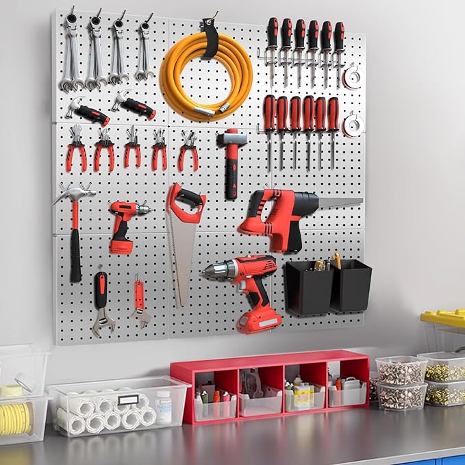 FZK Peg Board, 4 Pack Metal Pegboard Kit,Silver Pegboard Wall Organizer with 32 Pcs Hooks, Peg Board for Walls Home, Garage Tool Storage, Office Organization, Kitchen, Craft Room