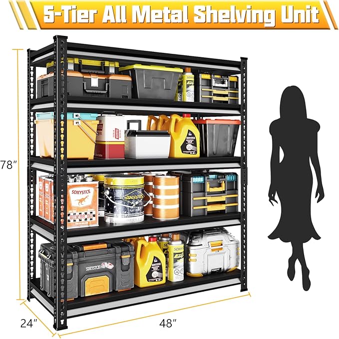 Garage Shelving Heavy Duty, 3000 Lbs Loads Garage Storage Shelves Heavy Duty, 5-Tier Metal Shelving Units and Storage for Basement, Retiple Tanks,48''Wx24 Dx78 H,Black
