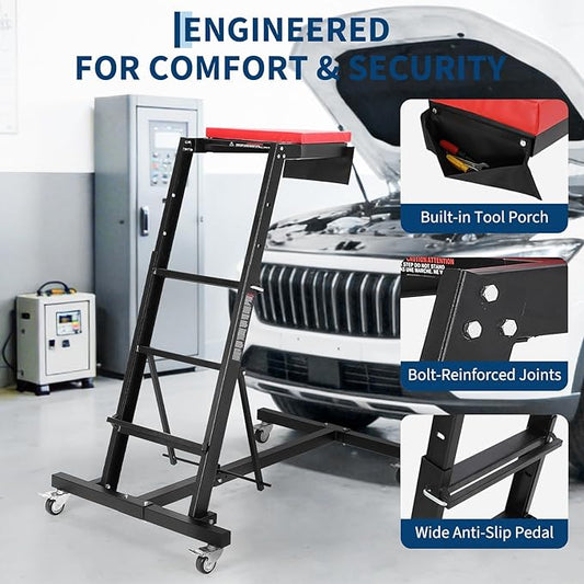 Professional Topside Automotive Engine Creeper, Heavy Duty 400LB Capacity Top Automotive Creeper with Adjustable Heights 45-65 Inch, 4 Locking Swivel Casters, Padded Deck & Tool Pouch for Garage