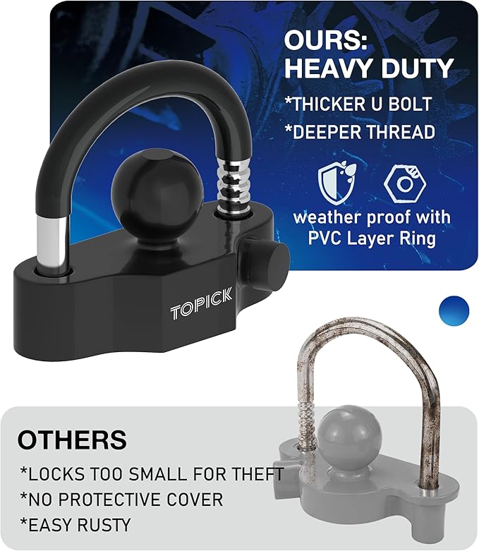 TOPICK Heavy-Duty Trailer Coupler Lock with PVC-Coated U-Bolt, Universal Fit for 1-7/8", 2", 2-5/16" Hitch Couplers, Anti-Theft Security for RV, Boat, Utility Trailers, Black