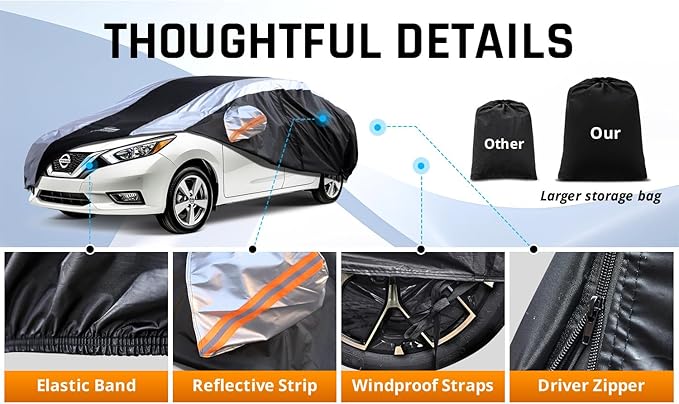 Versa Car Cover Waterproof All Weather with Silver Strip Design, Custom Fit for Versa 20012–2025, Versa Accessory with Door Zipper & Windproof Straps