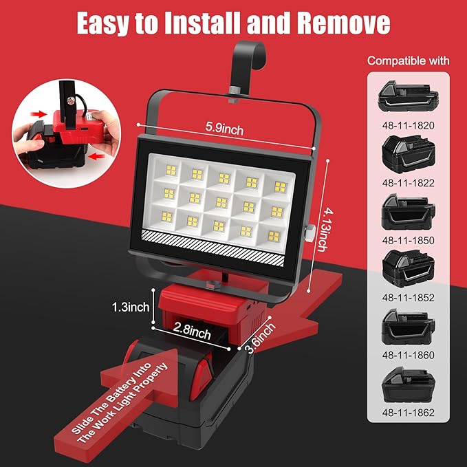 Cordless LED Work Light Compatible with Milwaukee 18V Battery, 60W 6000LM Flood Light, Flood Light Compatible with m18 Battery with USB & Type-C Charging and 140°Pivoting Head for Jobsite, Camping
