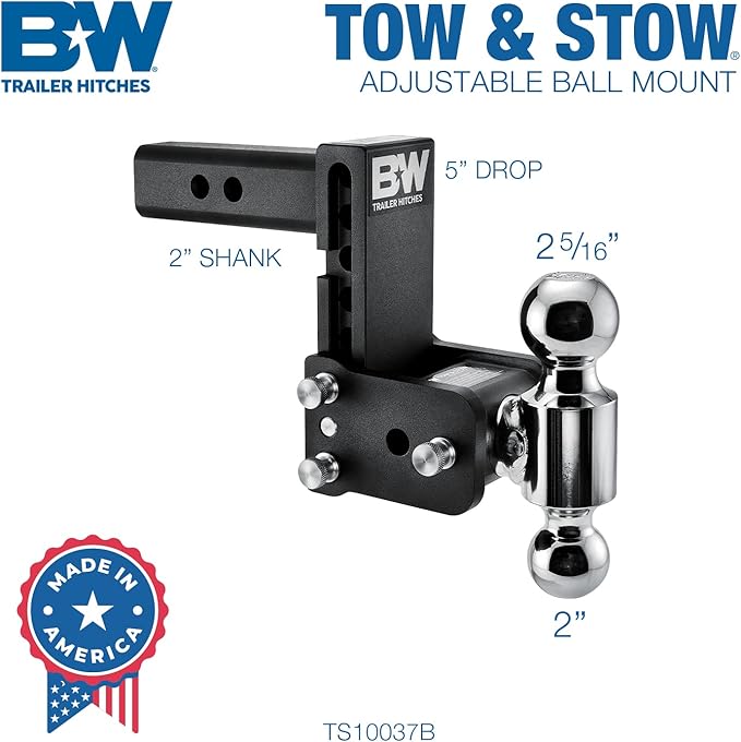 B&W Trailer Hitches Tow & Stow Adjustable Trailer Hitch Ball Mount - Fits 2" Receiver, Dual Ball (2" x 2-5/16"), 5" Drop, 10,000 GTW - TS10037B