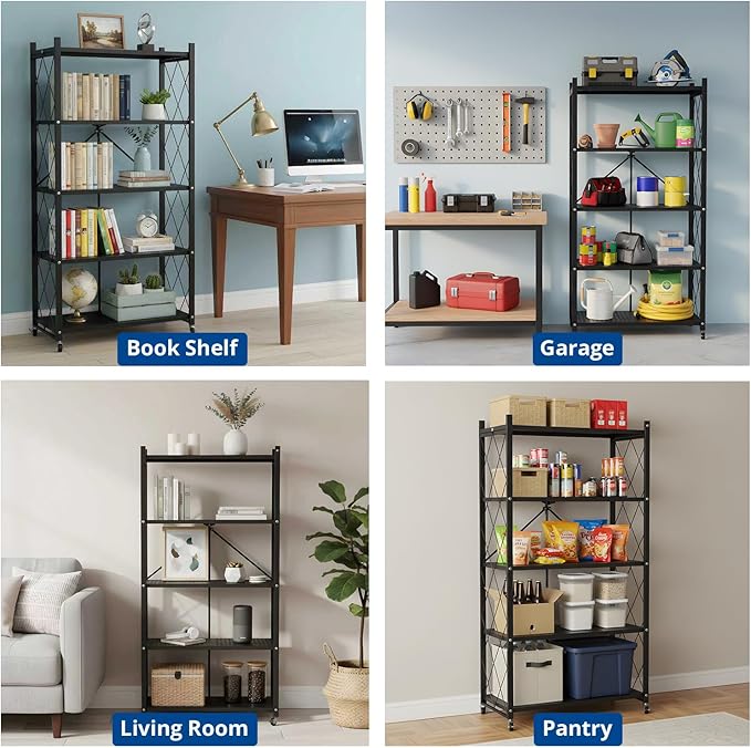 5 Tier Foldable Storage Shelf with Wheels, Heavy-Duty Metal Shelving Unit, No Assembly Book Shelf Rolling Storage Rack for Garage, Kitchen, Pantry, Closet, Exhibition, Office Decor, Black