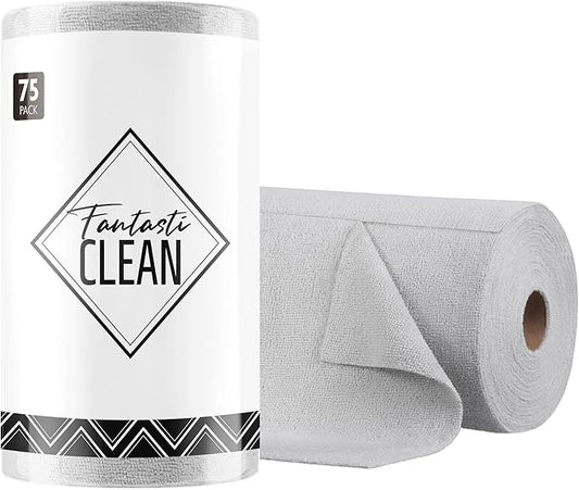 Fantasticlean Microfiber Cleaning Cloth Roll -75 Pack, Tear Away Microfiber Towels, 12" x 12", Reusable, Washable, Scratch Free, Ultra Absorbent Dishcloth for All-Around Cleaning Supplies (Grey)
