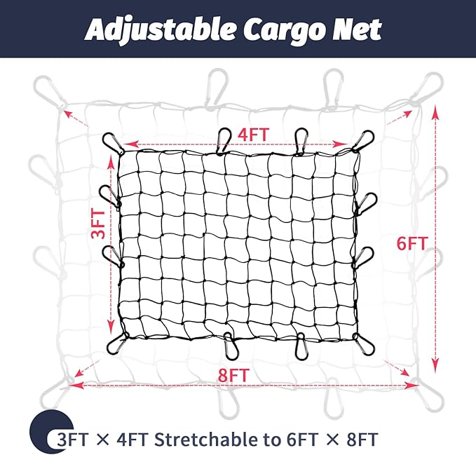 Cargo Net for Pickup Truck Bed 3'x4' Stretches to 6'x8' Heavy Duty Truck Bed Cargo Net 12 Tangle-Free Clip Carabiners and 1 Storage Bag Small 4" x 4" Mesh Universal Car Organizer Net for Large Loads