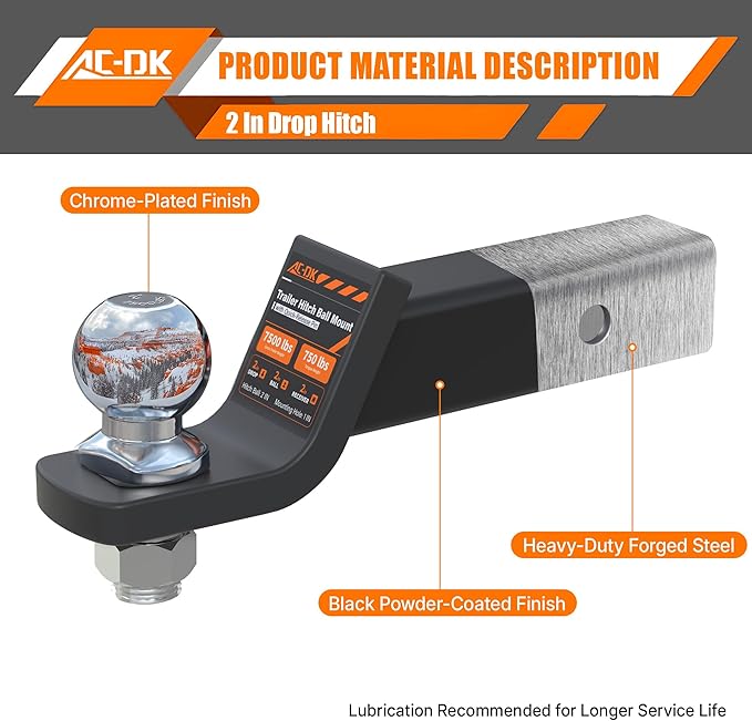 AC-DK Trailer Hitch Ball Mount for 2 inch Receiver,2 inch Drop Hitch,with 2-Inch Ball,7,500 lbs Capacity Ball Hitch, 750lbs Tongue Weight,Includes Hitch Pin