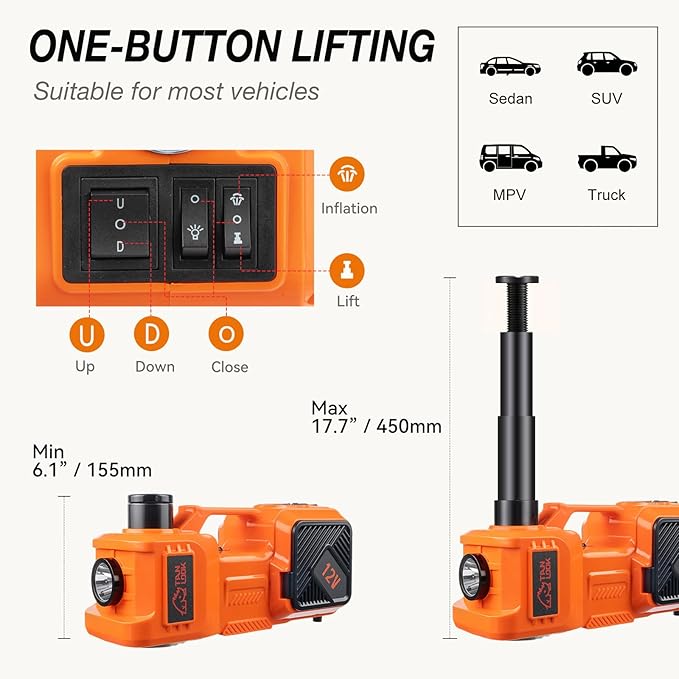 Electric Car Jack Kit with Hydraulic Lift 5-Ton, Tire Inflator Heavy-Duty 12V Floor Jack for Sedans,SUVs,MPVs & Trucks.Ideal for Tire Changes & Garage Repairs (Without Wrench)