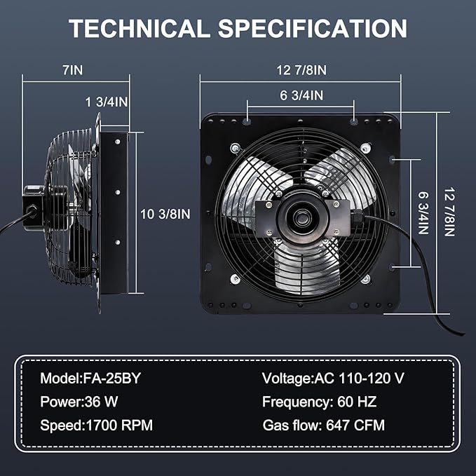 Criditpid 10 Inch Shutter Exhaust Fan with Speed Controller, 647CFM High Speed Vent Fan with Adjustable Thermostat, 1700 RPM Wall Mounted Kitchen Exhaust Fan for Attic, Garage, Gable Ventilation.