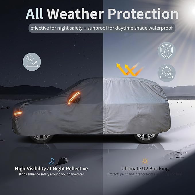 Car Cover Waterproof All-Weather,Heavy-Duty Outdoor Full Exterior Automobiles Snow Cover for SUV Up to 181 inch,with Sun Visor,Anti-Scratch Cotton Lining & Zippered,Towel&Storage Bag