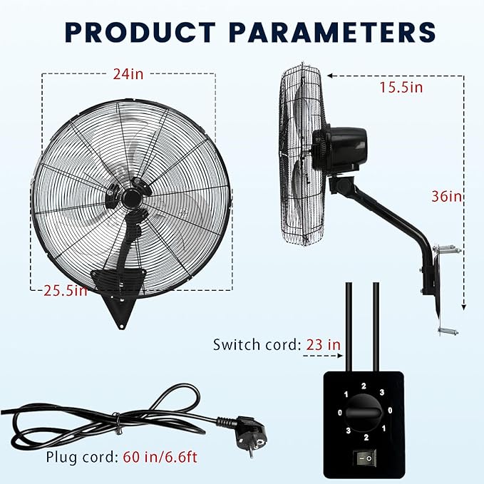 TMWINGS 24 Inch Wall Mount Fan, Heavy Duty Oscillating Wall-Mounted Fan with 8500 CFM, High Velocity 3 Speed Fans with Adjustable Tilting for Workshop, Garage, Patios, Commercial and Industrial