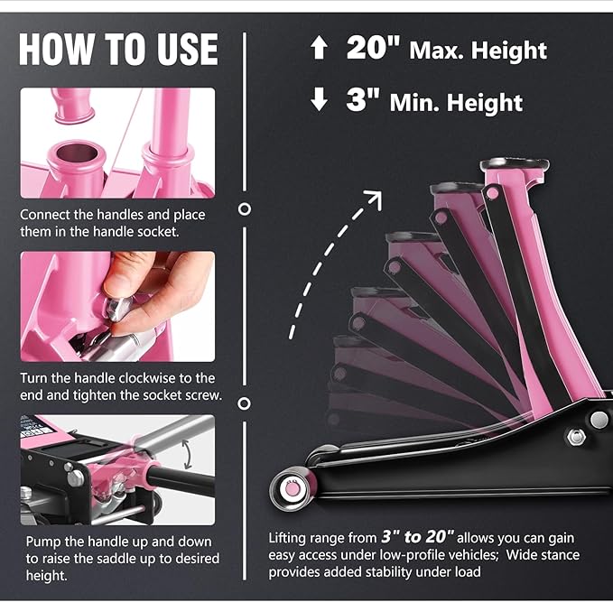 PM PERFORMOTOR Low Profile Hydraulic Trolley Service/Floor Jack, 3 Ton (6000 lbs) Capacity, Lifting Range 3"-20",Pink,PM-TOL-FJ30-PK