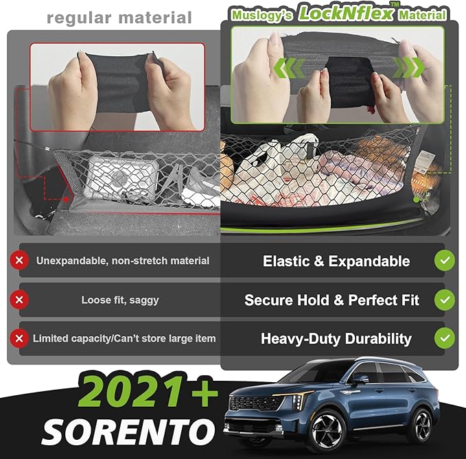 Muslogy Truck Bed Cargo Net Trunk Netting Compatible with 2021-2024 2025 2026 Kia Sorento Accessories, Pickup Cargo Organizer SUV Sedan Storage Net w/Heavy Duty Carabiners
