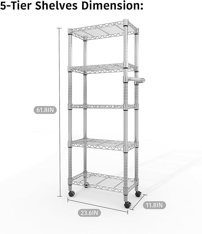 GarveeHome 5-Tier Heavy Duty Storage Shelves 1100 LBS Metal Wire Rack Shelving with Lockable Wheels, 61" H Rolling Storage Rack for Kitchen Garage Bedroom