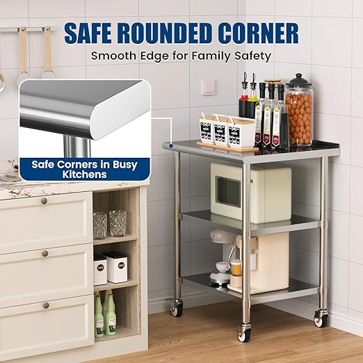 Stainless Steel Work Table with Wheels, 24x30 Inch NSF Food Prep Table with Backsplash & 2 Adjustable Undershelves for Commercial Kitchen, Restaurant, Garage