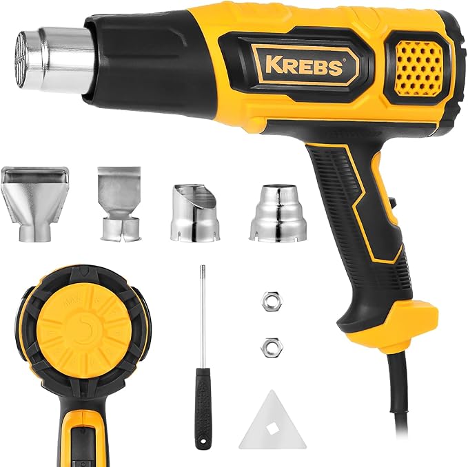 KREBS Heat Gun 1500W 140℉~932℉（60℃- 500℃）Fast Heating Heavy Duty Hot Air Gun Kit Variable Temperature Control Overload Protection with 4 Nozzles for Crafts, Shrinking PVC, Stripping Paint(5.6FT)