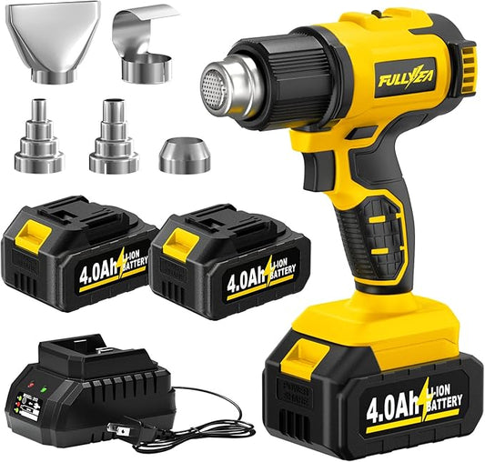 FULLYEA Heat Gun Cordless, 550℃ Fast Heating Gun, 2-Temperature Setting, Portable Hot Air Guns with 2 * 4.0Ah Batteries & 5 Nozzles, Handheld Small Heat Gun Kit for Shrink Tubing, Crafting (Yellow)