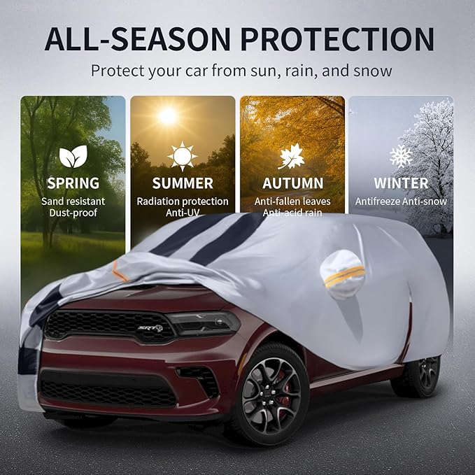Multi-Layer Car Cover Custom Fit for Dodge Durango(1998-2026), 100% Waterproof All Weather for Automobiles, Gift with Towel, Heavy Duty Car Covers for Rain Sun UV Protection with Door Zipper