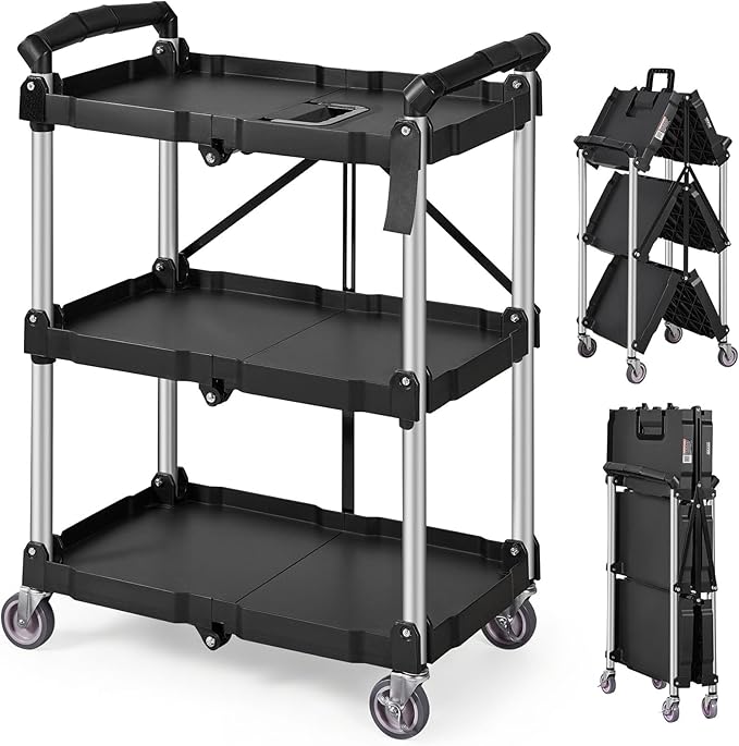 VEVOR Foldable Utility Service Cart, 165LBS 3 Shelf Heavy Duty Plastic Rolling Cart with 360° Swivel Wheels (2 with Brakes), Ergonomic Handle, Portable Garage Tool Cart for Warehouse Office Home