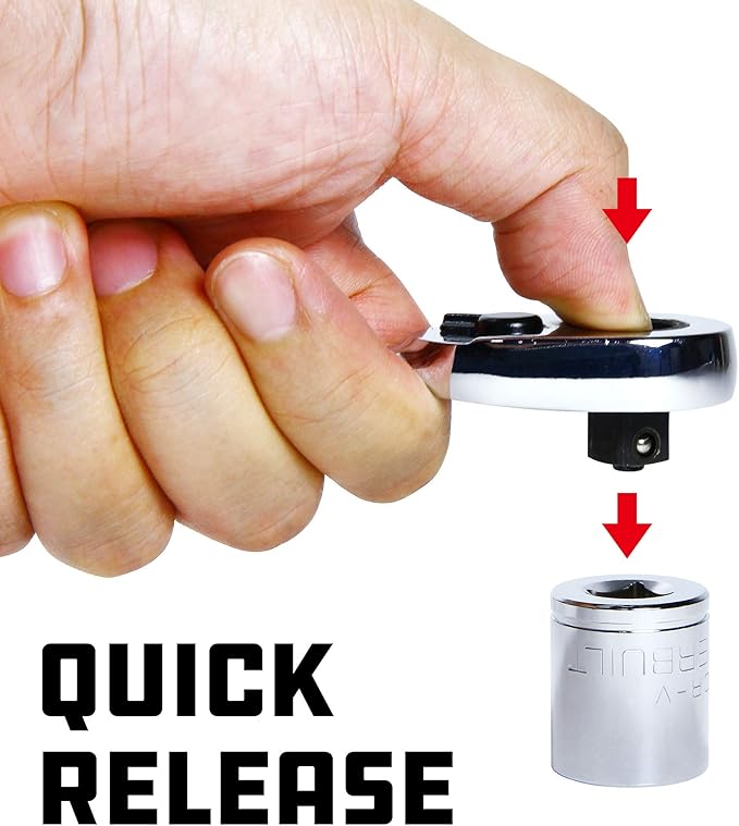 Powerbuilt Low Profile Ratchet, 3/8 Inch Drive, Slim Design Tight Spaces, Quick Thumb Button Socket Release, 649975, Silver