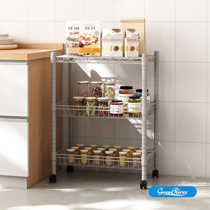 Guan River 3 Tier Wire Shelving Wire Basket Shelf Storage Cart Adjustable Metal Shelf 2 Bottoms for Choose(Castor or Leveling Feet) for Office,Kitchen,Bedroom,Silver(23.23" L x 13.11" W x 32.28" H)