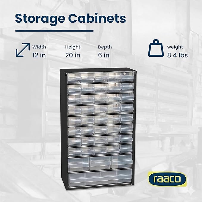 Raaco Steel Storage Cabinet, Tall 44-Drawer, Clear Polypropylene Plastic Drawer – Small Parts Organizer, Screws, Nuts & Bolts, Crafts & Hardware – Tool Cabinet for Workbench & Wall Storage (C11-44)