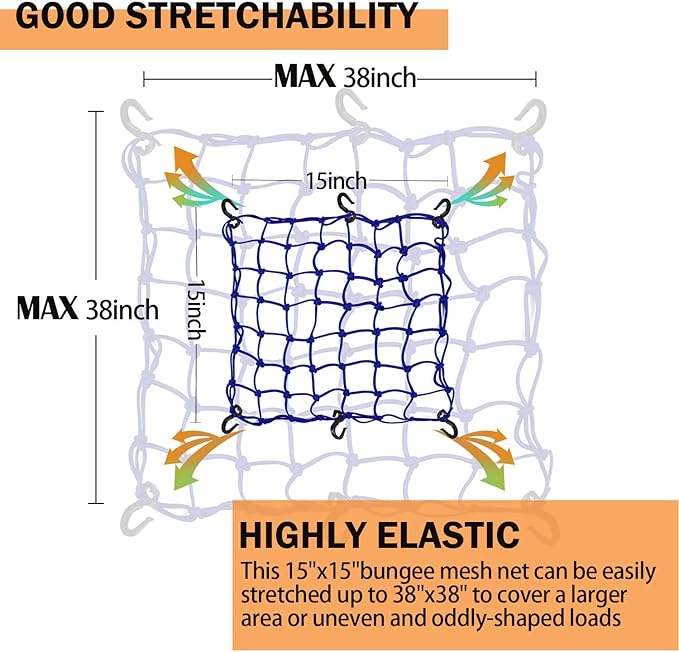 Small Cargo Net 15"x15" Stretches to 30"x30" with Thicken Hooks | Natural Latex Core, Tight 2”x2” Mesh Heavy Duty Bungee Net for Motorcycle Helmet, Bike, ATV, UTV, Luggage