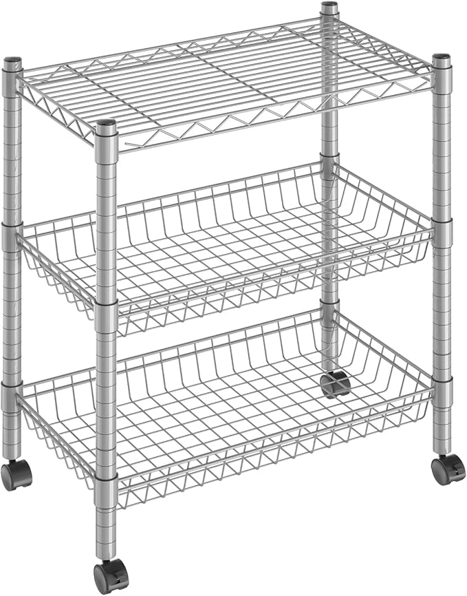 Guan River 3 Tier Wire Shelving Wire Basket Shelf Storage Cart Adjustable Metal Shelf 2 Bottoms for Choose(Castor or Leveling Feet) for Office,Kitchen,Bedroom,Silver(23.23" L x 13.11" W x 32.28" H)