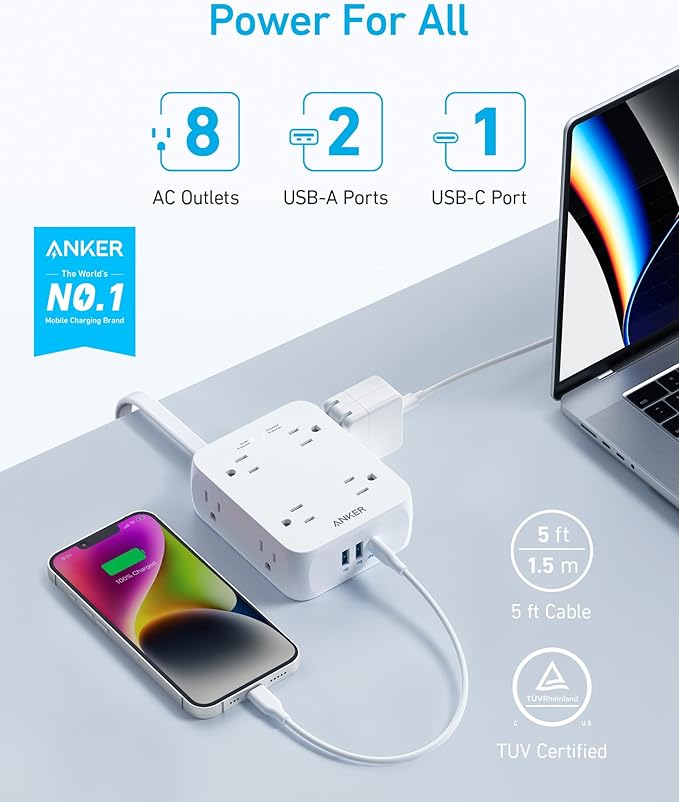 Anker Power Strip with 2000J Surge Protector, Flat Plug Extension Cord with Multiple Outlets, 8 AC, 2 USB A & 1 USB C Port for 20W, 5ft Outlet Extender, Dorm Room Essentials, Home Office, TUV Listed